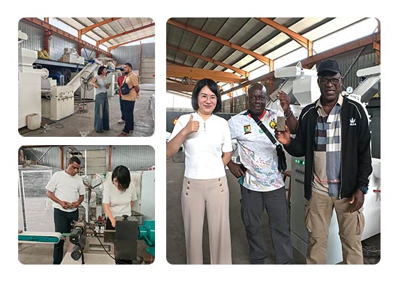 African clients watching soap bar extrusion process in our manufacturing workshop
