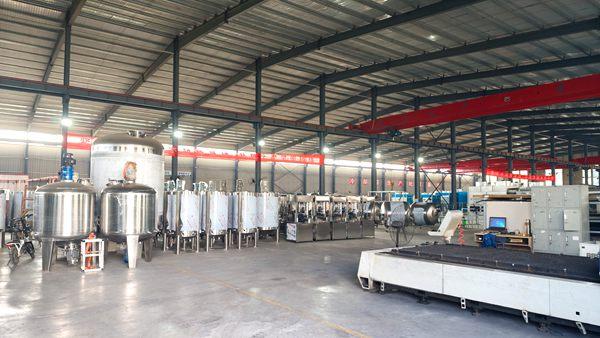 Bright Machinery factory workshop full view, stainless steel mixing tanks and liquid filling machines for liquid detergent production line