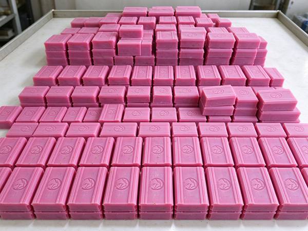 Automated soap stamping and cutting equipment with finished pink soap bars